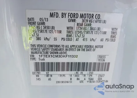 2013 Ford F-150 Xl z USA, uszkodzony, nr VIN 1FTEX1CM3DKF11332